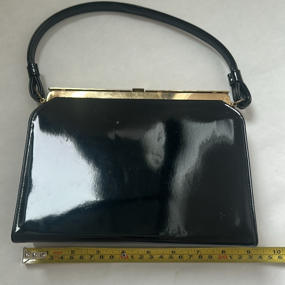 Vintage patent leather Elegant Black Handbag with Gold Accents - Picture 5 of 6